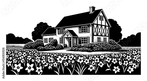 Charming country cottage surrounded by blooming daffodil field and hedgerows, idyllic spring rural landscape in black-and-white vector