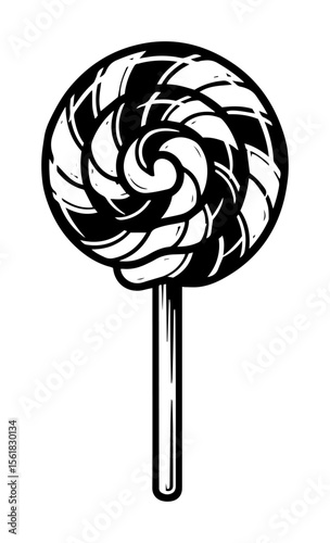 Whimsical spiral lollipop candy on stick, retro sweets icon with bold stripes, crisp black-and-white vector illustration