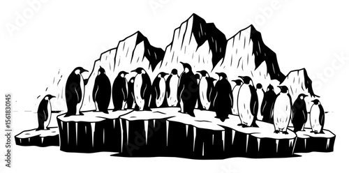Penguin colony black and white vector