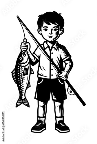Happy boy proudly holding fishing rod and freshly caught fish, carefree childhood outdoor adventure black-and-white vector illustration