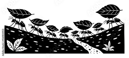 Line of industrious leafcutter ants marching along earthen trail while carrying sliced leaves overhead, intricate teamwork wildlife scene in black-and-white vector illustration