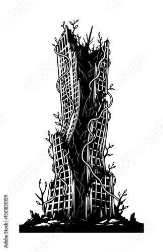 Abandoned skyscraper consumed by twisting vines and young trees, dramatic post-apocalyptic city landmark where nature reclaims concrete, detailed black-and-white vector illustration