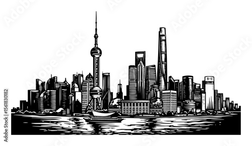 Hand-drawn black-and-white vector panorama of modern Shanghai skyline with Oriental Pearl Tower reflected on Huangpu River