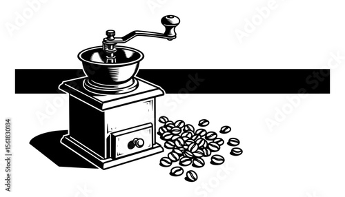 black and white vector illustration of a vintage coffee grinder with scattered beans, perfect for cafe or packaging designs