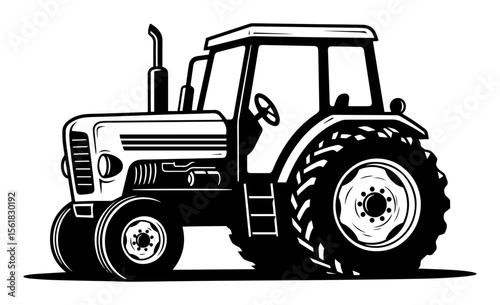 vintage tractor illustration vector in black and white
