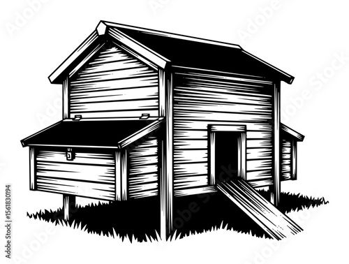 wooden chicken coop vector in engraving style
