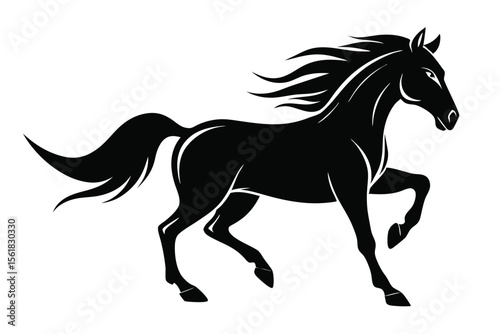 Elegant silhouette of a powerful running horse in black against a white background transparency