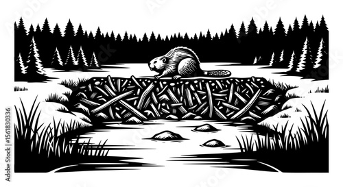 Beaver building dam vector illustration – busy rodent working on lodge in forest pond