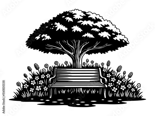 Garden bench under tree vector engraving – wooden seat beneath shady blossom tree and wildflowers