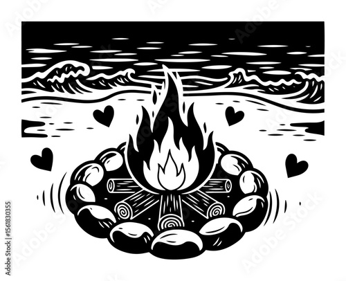 Romantic beach campfire vector illustration – crackling fire ring by moonlit sea with floating hearts
