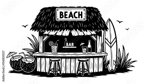 tropical beach bar with surfboard vector