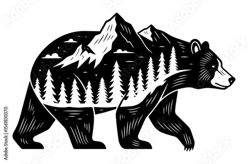 double exposure bear with mountain forest vector