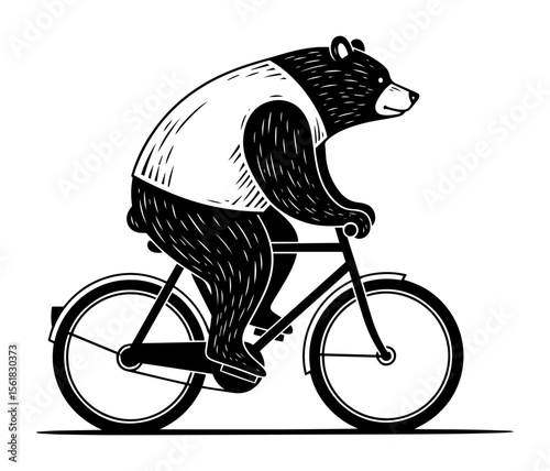cartoon bear riding bicycle black and white vector