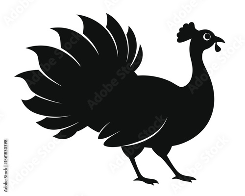 Elegant silhouette of a turkey with spread tail feathers in black and white on white background