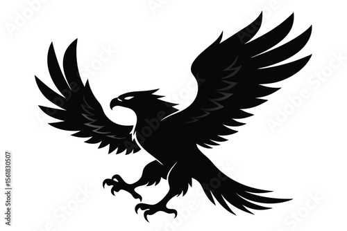 Majestic black eagle silhouette soaring high with wings outstretched against a white background