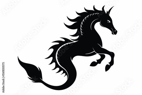 Majestic sea horse in elegant silhouette depicting a mythical creature floating upwards with a bold appeal