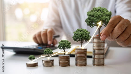 Financial growth concept with trees on stacked coins and graph arrow, investment, saving, eco finance.