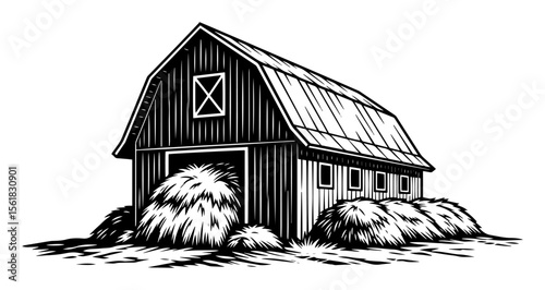 Hay barn vector engraving – classic wooden barn surrounded by stacked haystacks on rural farm