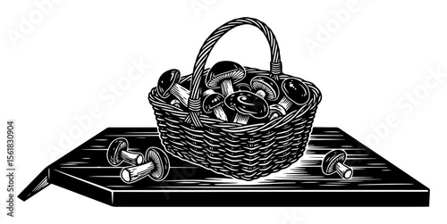 Mushroom basket vector illustration – wicker basket filled with fresh champignons on cutting board