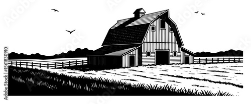 Classic gambrel barn vector engraving – large wooden barn surrounded by fenced farmland
