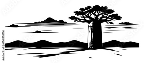 Baobab tree savanna landscape vector illustration – iconic African giant rising over arid plain