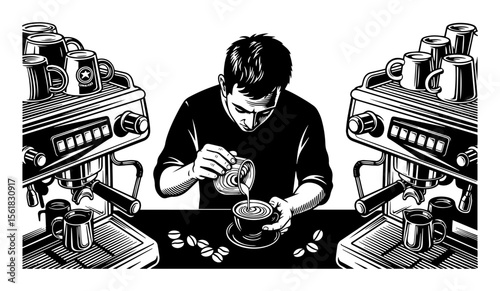 Barista making latte art vector engraving – skilled coffee artisan pouring milk at espresso machine