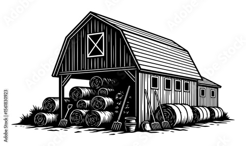 Barn with hay rolls vector illustration – open shed storing round straw bales and farm tools