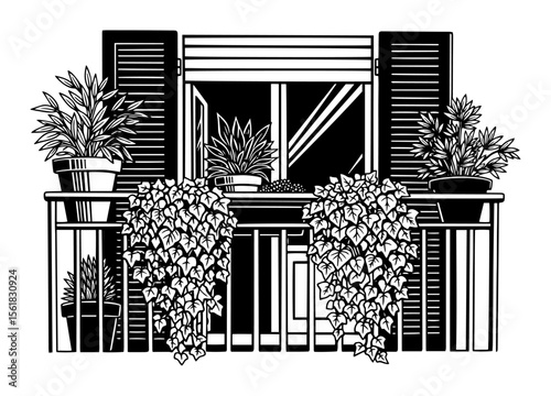 Balcony garden vector illustration – cozy terrace with shutters and lush potted plants