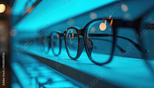 Eyeglasses display in optics store. Variety of trendy, stylish eyeglass frames on shelves. Vision concept, glasses for sale. Choice of spectacles. Optometry, shopping, retail.
