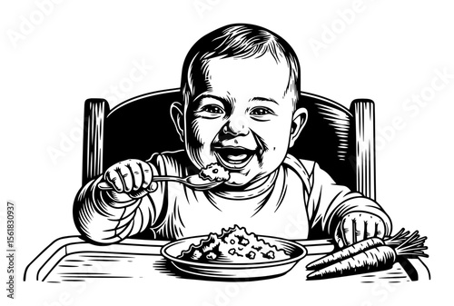 Laughing Infant Spoon-Fed Carrot Porridge with Fresh Veg on Tray – Black & White Vector Art