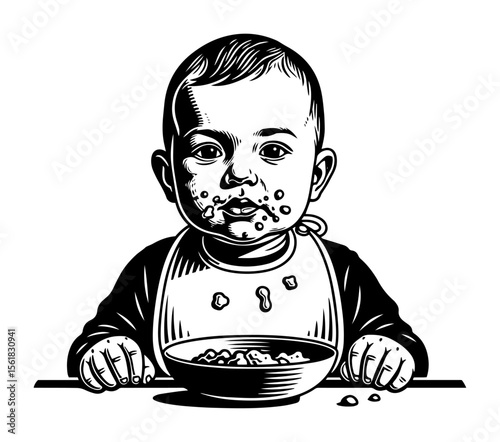 First Solo Meal: Toddler with Cereal All Over Face and Bib – Black & White Vector Art