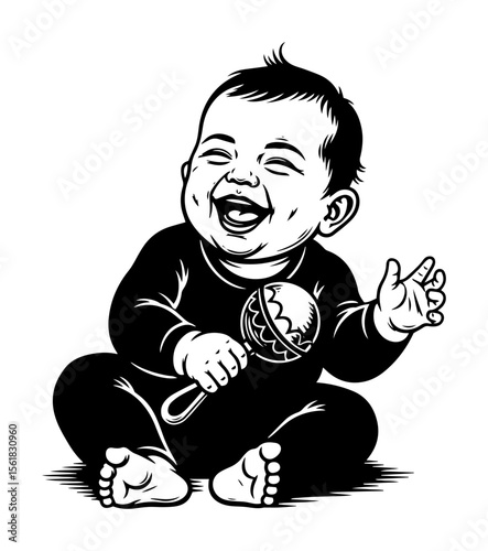 Playful black-and-white vector of laughing baby seated on floor, shaking a rattle