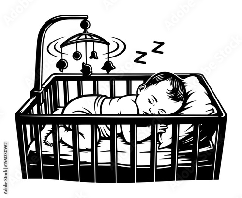 Sleeping baby crib vector engraving – newborn napping under mobile in wooden cot