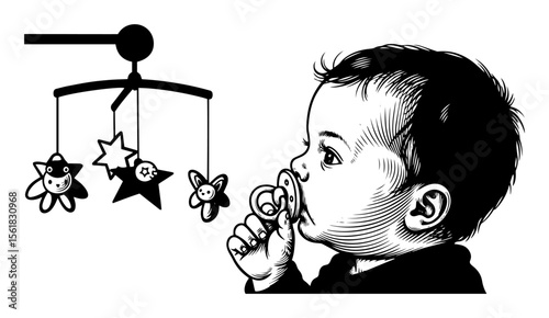 Black and white vector illustration of a baby with pacifier looking at a crib mobile