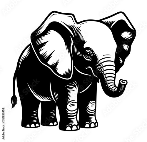 Cute baby elephant standing – black and white animal vector illustration