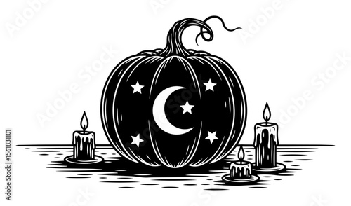 Magical pumpkin lantern vector engraving – crescent moon and star carving with candles