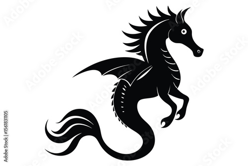 Silhouette illustration of a mythical dragon horse creature in flight on a white background