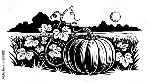 Pumpkin patch vector illustration – ripe gourd on vine in scenic field at sunset