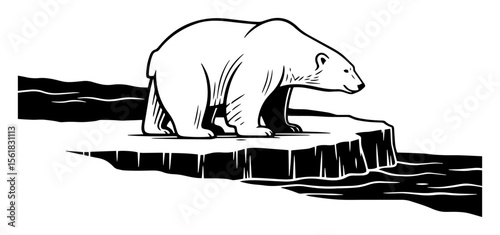 Monochrome vector of a polar bear standing on a piece of ice. Ideal for climate, wildlife, and arctic-themed visuals