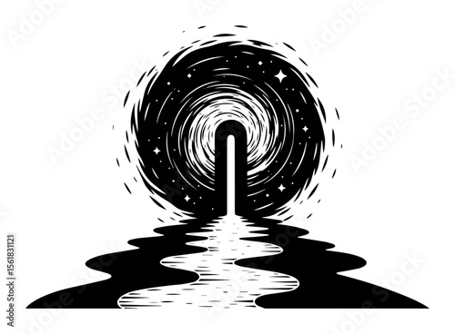 Mystic portal vector icon – swirling cosmic vortex at end of winding river path