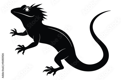 Silhouette illustration of a lizard in a dynamic pose showing detailed features and a curved tail