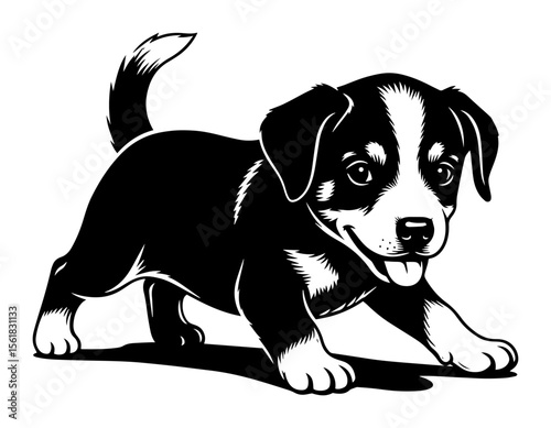 happy playful puppy in vintage cartoon engraving style