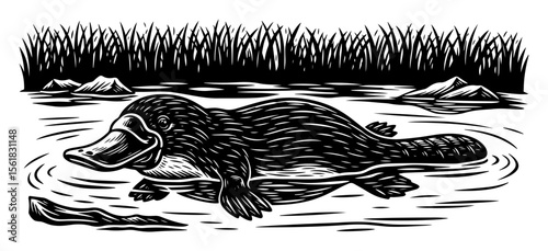Platypus swimming vector engraving – curious monotreme gliding in Australian billabong reeds