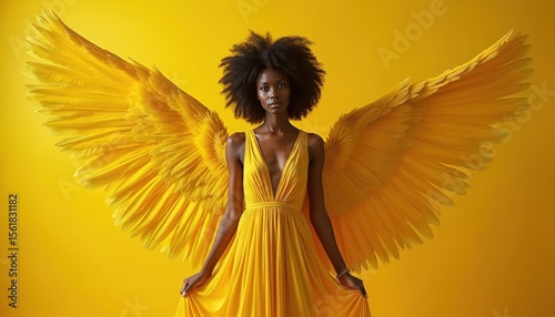 Black woman with large yellow wings, dress against vibrant yellow backdrop. Serene aethereal portrait with concept of freedom, beauty. Ideal for fashion, art, fantasy, hope. Positive vibes,