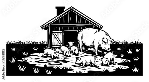 Black and white vector of a pig with piglets near a barn. Great for farming, agriculture, animal themes, or children’s books
