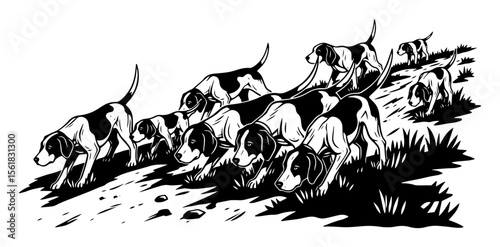 group of hounds tracking a scent in dynamic black and white vector with vintage hunting feel