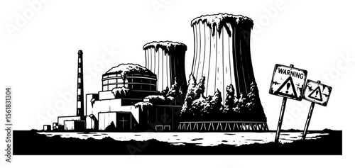 abandoned nuclear power plant scene with broken warning signs, dark vector in engraving style
