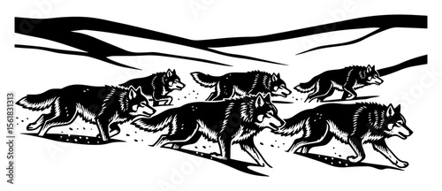 wolf pack running across snowy wilderness, energetic black and white vintage style vector