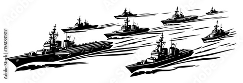 Naval fleet at sea – military ships in formation, black and white vector