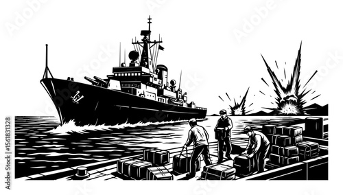 Military ship and soldiers unloading cargo – black and white war vector